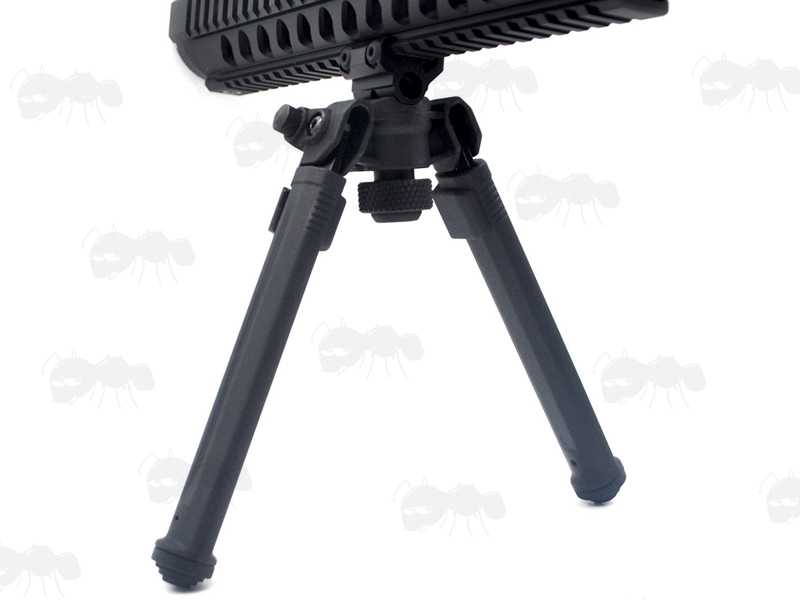 One Piece Polymer Design Rifle Bipod for Picatinny Handguards, Shown Fitted Under a Railed Accessory Handguard