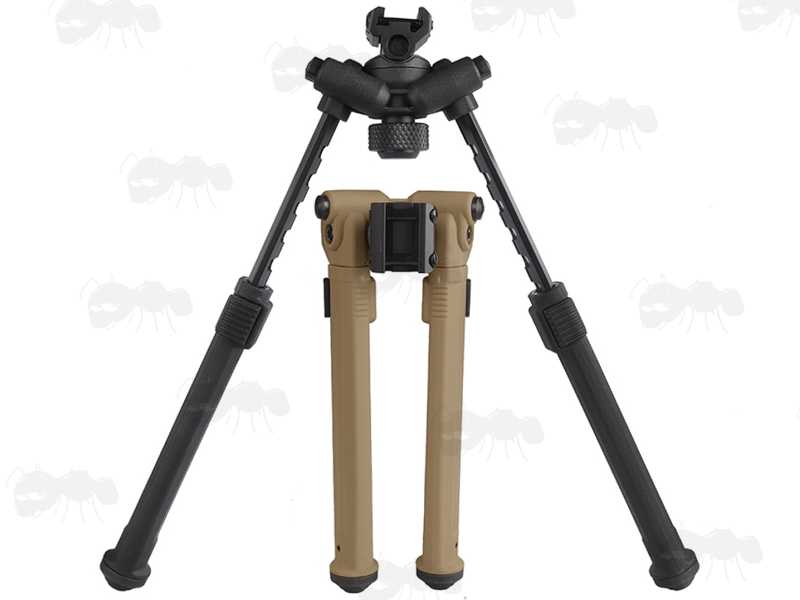 One Piece Polymer Design Rifle Bipod for Picatinny Handguards, Shown with Legs Extended Above the Same Bipod in Tan