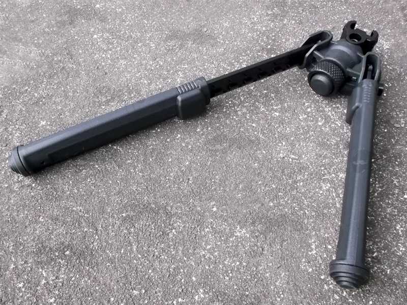 One Piece Polymer Design Rifle Bipod for Picatinny Handguards, Shown with One Leg Fully Extended