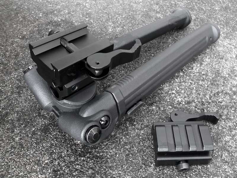 One Piece Polymer Design Rifle Bipod for Picatinny Handguards, Shown Fitted with a Three Slot Quick-Release Lever Rail Adaptor