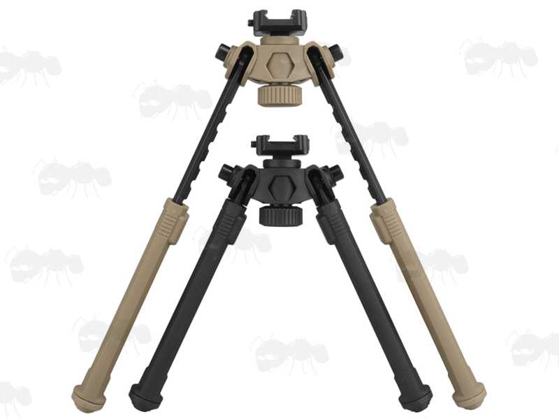 Polymer and Aluminium Design Rifle Bipod for Picatinny Handguards with Tilt Feature and 360 Degree Rotation, Shown with Legs Extended Above the Same Bipod in Tan