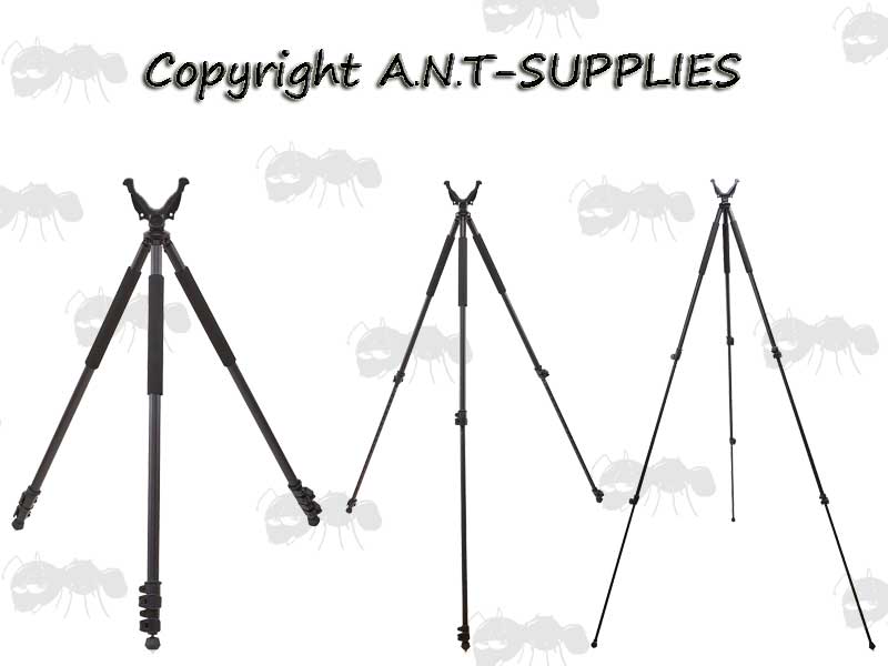 Black RokStad BBS V Mount Tripod Shooting Sticks Shown In Three Lengths