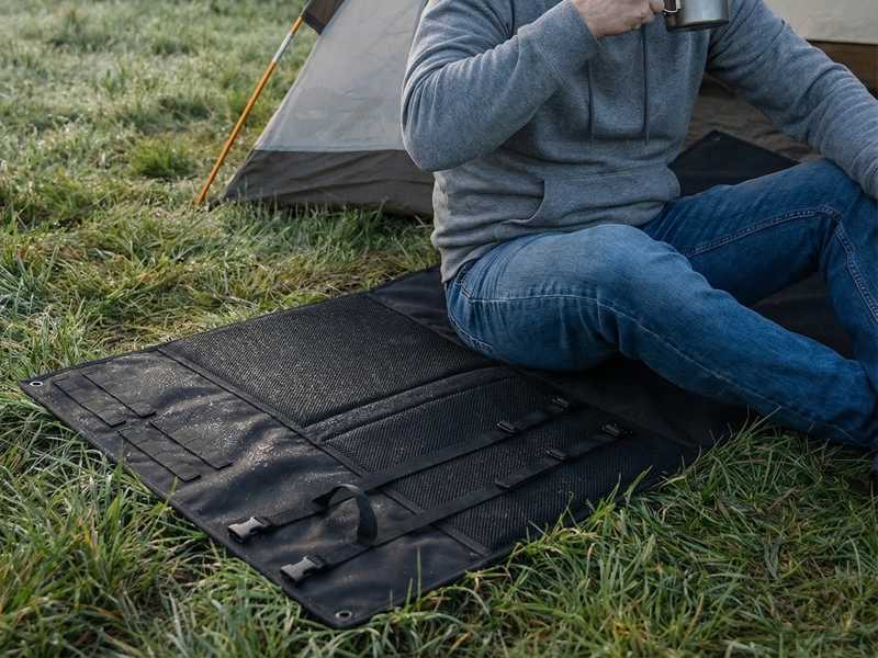Roll-Up All Black Colour Padded Prone Shooters Ground Mat, Shown In Use on Camp Site