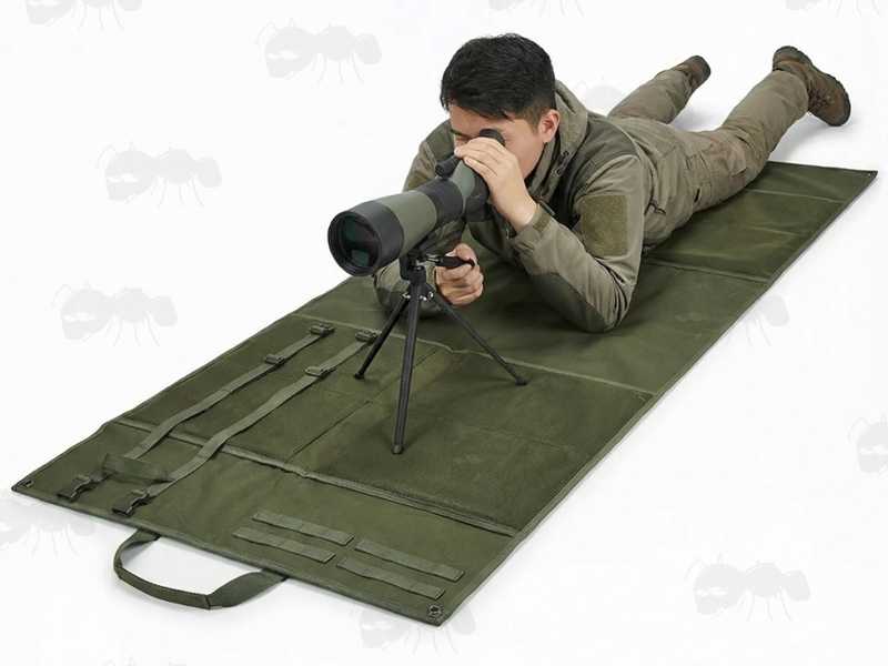 Roll-Up All Green Colour Padded Prone Shooters Ground Mat, Shown In Use with Spotting Scope Setup