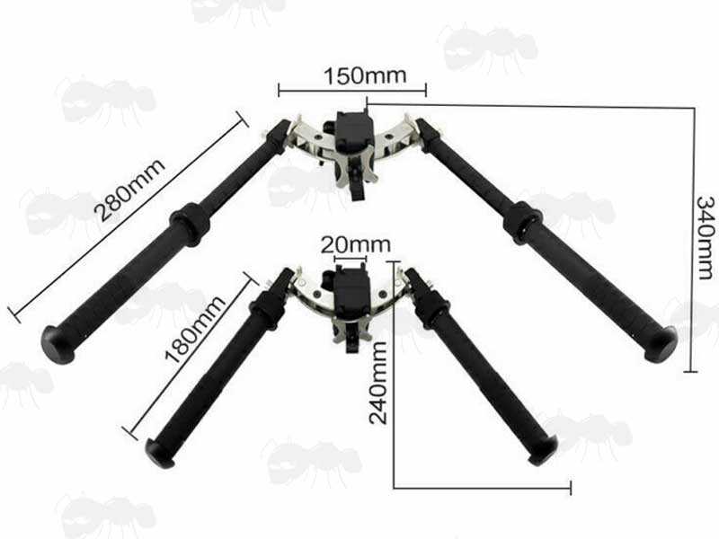 Extended and Retracted Lengths on The Rotating / Panning Bipod for 1913 Style Picatinny Rails M10