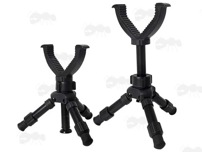 Low and High Settings of The Black Tripod Benchrest Shooting Sticks with V Notch Rest