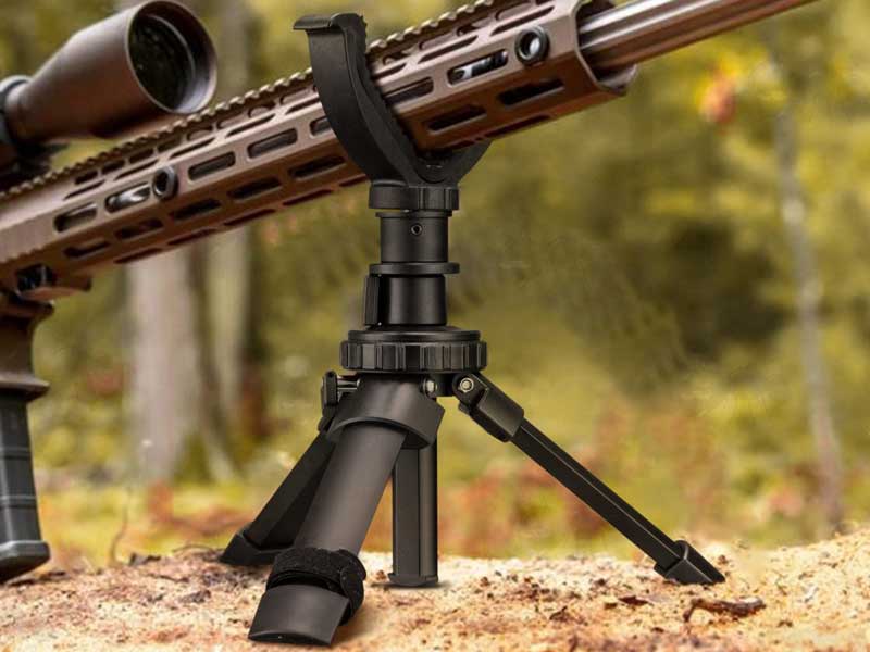 Tan Coloured RIS Rifle Handguard Shown in The Black Tripod Benchrest Shooting Sticks with V Yoke Notch Rest