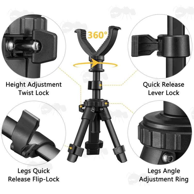 Features on The Black Tripod Benchrest Shooting Sticks with V Yoke Notch Rest