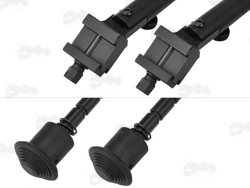 Close Up View of the Rubber Fit and Rail Clamping Fittings on The 20mm Weaver / Picatinny Rail Fitting Standard Length Telescopic Folding Bipod