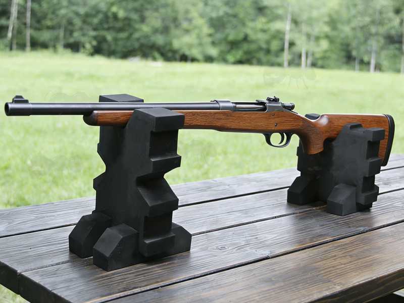 Pair of Three Part Black EVA Foam Gun Shooting Benchrest, Shown In Use with Rifle