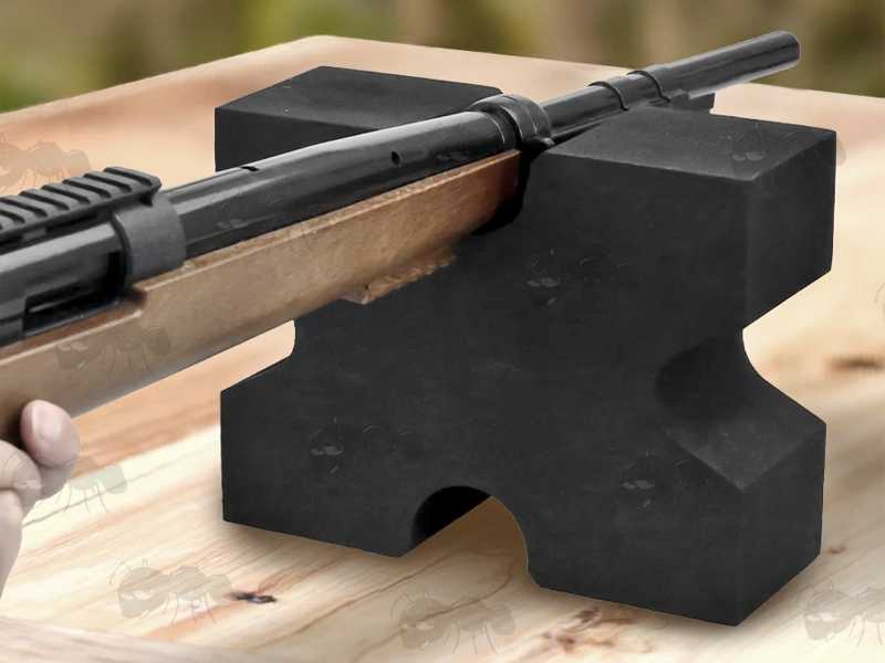 Black EVA Foam Gun Barrel X-Block Shooting Rest, Shown In Use