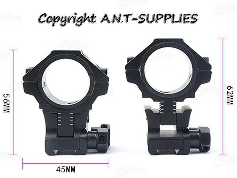 Dimensions Shown of The Triple Clamped Dovetail Rail Two Piece Adjustable Height Scope Mounts with 30mm Rings in Low and High Configuration