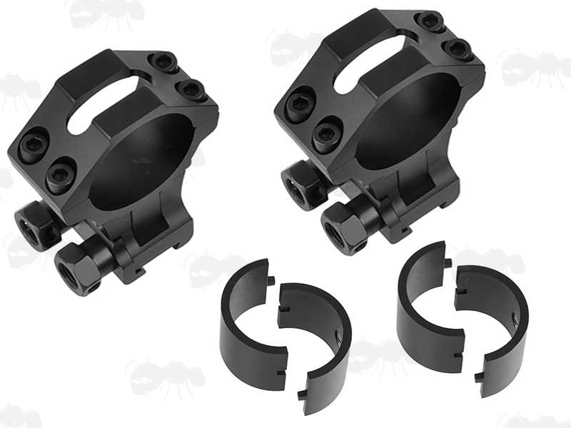 Double Clamped Dovetail Rail Two Piece Adjustable Height Scope Mounts with 30mm Rings and a Pair of 25.4mm Diameter Plastic Insert Ring Size Reducers