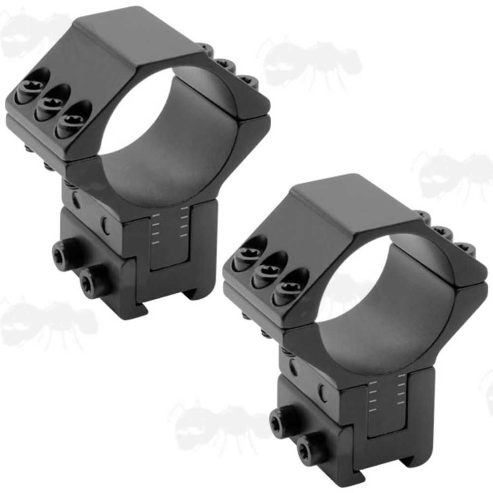 Double Clamped Dovetail Rail Two Piece Adjustable Height Scope Mounts with 30mm Rings, Model with Solid Top Ring Design and Hex Head Screw Clamp Fittings