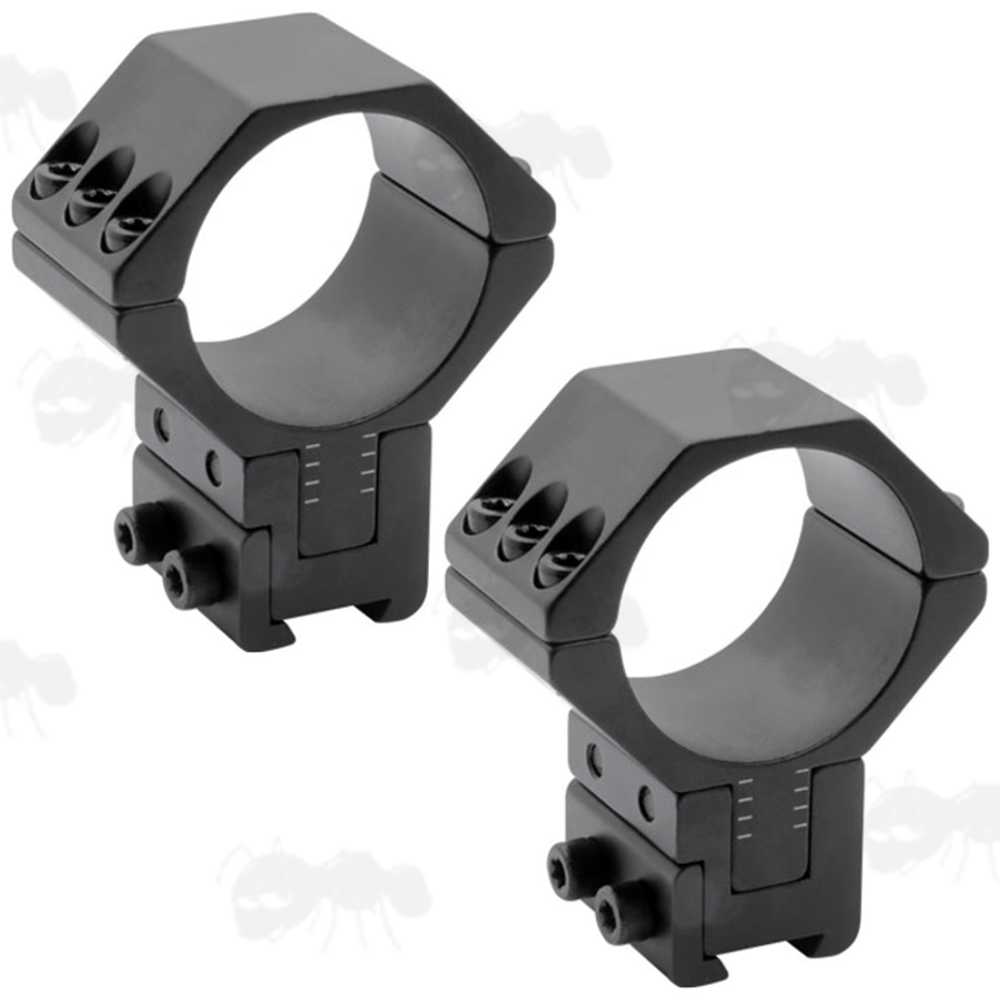 Double Clamped Dovetail Rail Two Piece Adjustable Height Scope Mounts with 34mm Rings, Model with Solid Top Ring Design and Hex Head Screw Clamp Fittings