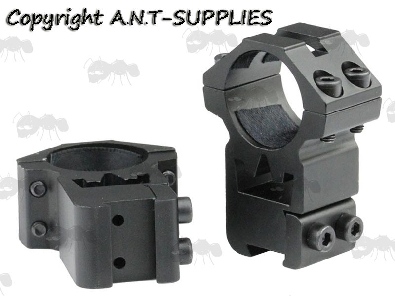 Pair of High-Profile Double Clamped 25mm Scope Rings for Dovetail Rails with Crown Design See-Thru Channel