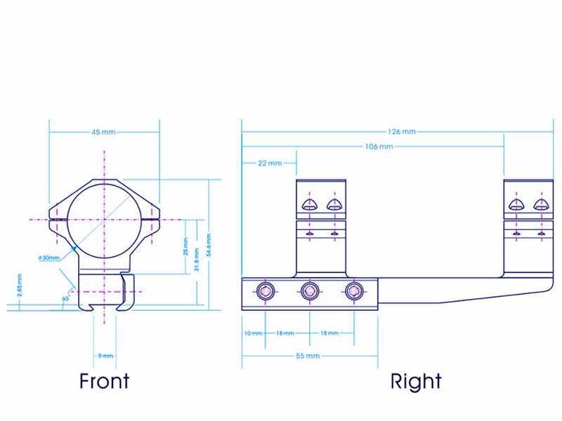 Technical Drawing of The Flat Top Extended Reach One Piece Dovetail Rail Scope Mount For 30mm Scope Tubes