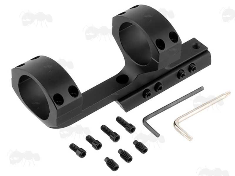 Extended Reach One Piece Dovetail Rail Scope Mount for 30mm Scope Tubes, with Three Scope Creep Stopper Grub Screw Pins, Shown with The Fittings
