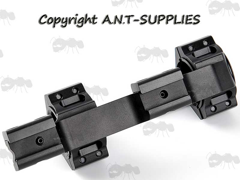 Base View of The Double Clamped Dovetail Rail One Piece Cantilever Design Scope Mount with 30mm Rings, 25mm Ring Adapter Inserts and Spirit Level