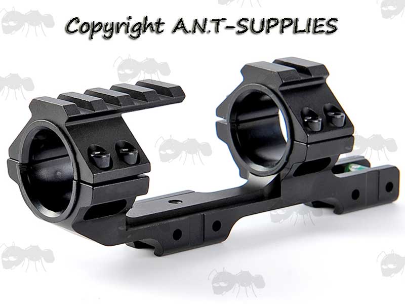 Double Clamped Dovetail Rail One Piece Cantilever Design Scope Mount with 30mm Rings with Extended Accessory Rail, 25mm Ring Adapter Inserts and Spirit Level