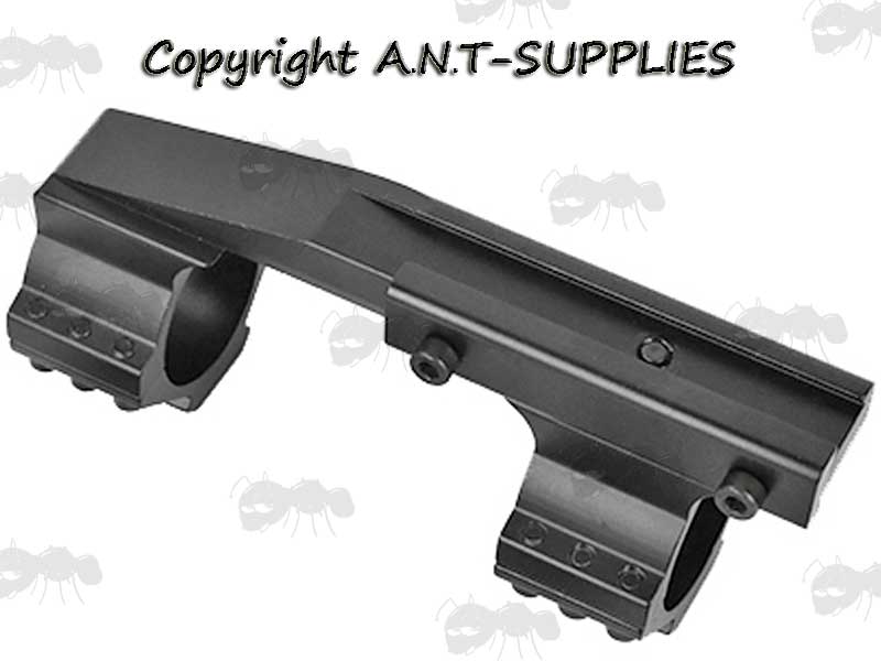 Base View of The Dovetail Rail One Piece Extended Reach 30mm Ring Scope Mount with Accessory Weaver / Picatinny Top Rail