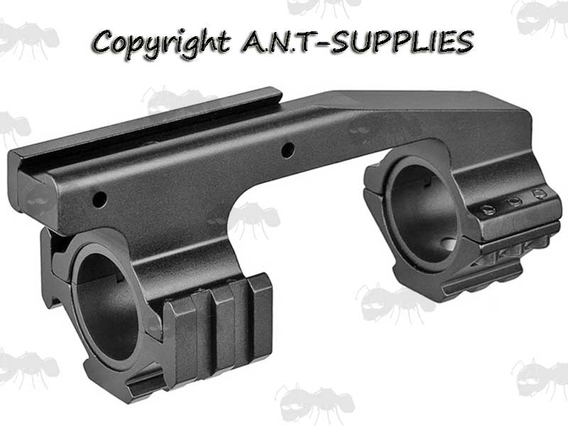 Base View of The Dovetail Rail One Piece Extended Reach 30mm Ring Scope Mount with Accessory Weaver / Picatinny Top and Tri Rails