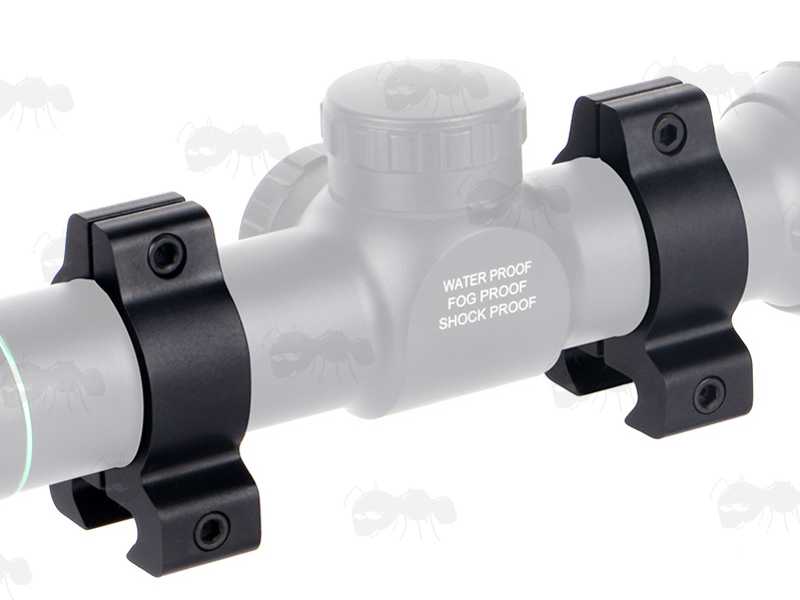 Pair of Vertical Split Dovetail Rail Low-Profile 25mm Scope Rings, Shown Fitted to Rifle Scope