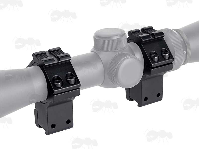 Rambo Extra High-Profile Double Clamped 30mm Scope Ring for Dovetail Rails with Rail Head, Shown Fitted to a Rifle Scope