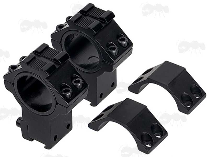 Rambo Extra High-Profile Double Clamped 30mm Scope Ring for Dovetail Rails with Rail Head, with Spare Plain Flat Tops Ring Tops