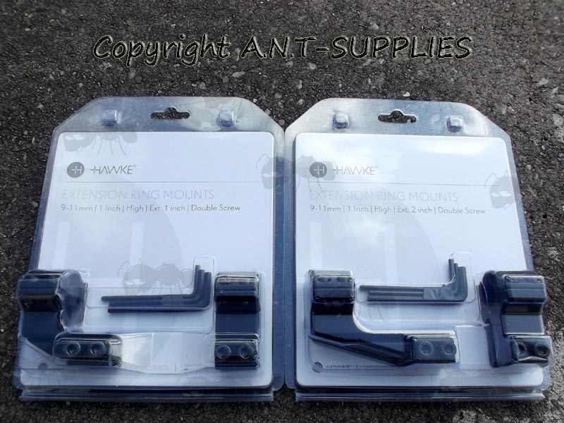 Two Pairs of Hawke Extension Ring Mounts for Dovetail Rails in Packaging, High Profile Design for 25mm Diameter Scope Tubes, With Either One or Two Inch Reach