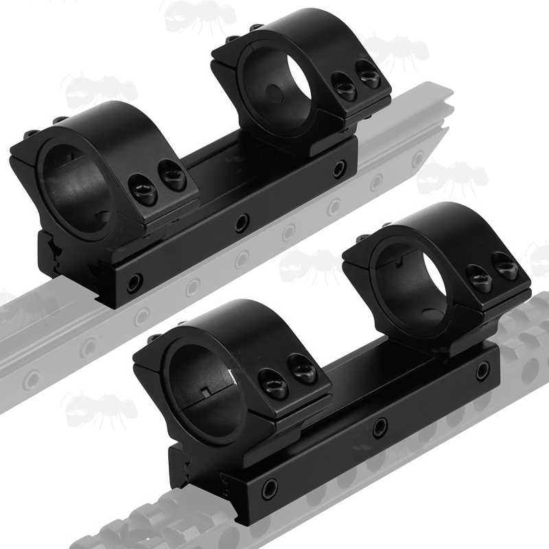 One Piece, Low-Profile 30mm Diameter Scope Mount with 25mm Ring Adapters, Shown Fitted to Both a Weaver / Picatinny and Dovetail Rail