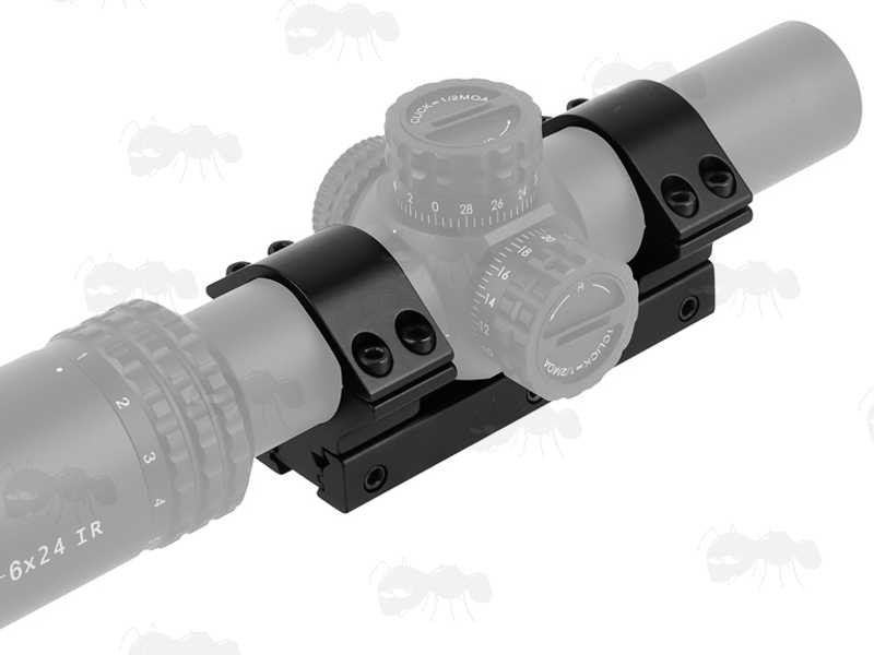 One Piece, Low-Profile 30mm Diameter Scope Mount for Weaver / Picatinny and Dovetail Rails, Shown Fitted to a Scope