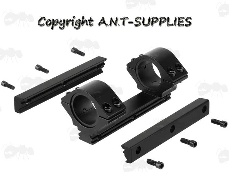 Dismantled View Of The One Piece, Low-Profile 30mm Diameter Scope Mount for Weaver / Picatinny and Dovetail Rails with 25mm Ring Adapters