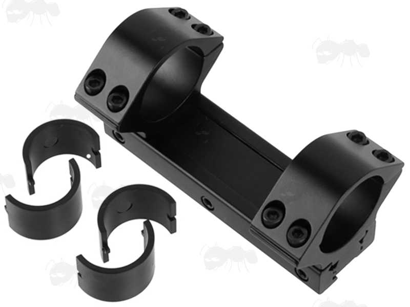Dismantled View Of The One Piece, Low-Profile 30mm Diameter Scope Mount for Weaver / Picatinny and Dovetail Rails with 25mm Ring Adapters