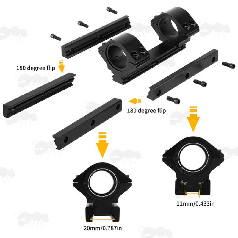Dismantled View Of The One Piece, Low-Profile 30mm Diameter Scope Mount for Weaver / Picatinny and Dovetail Rails with 25mm Ring Adapters