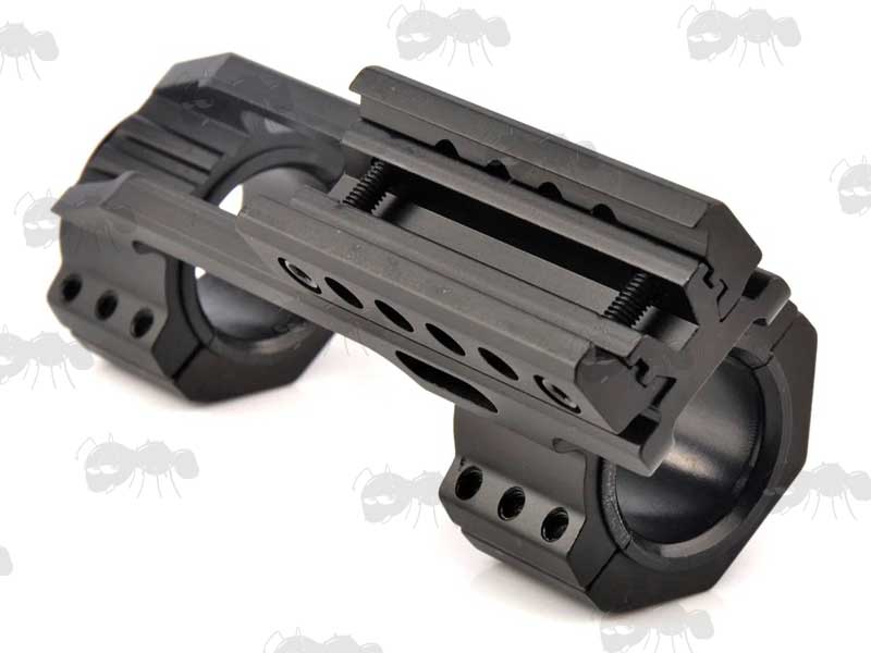 Base View Of The One Piece, Extended Design 30mm Diameter Scope Mount for Weaver Picatinny and Dovetail Rails with Anti-Tilt Spirit Level and Movable Accessory Rail