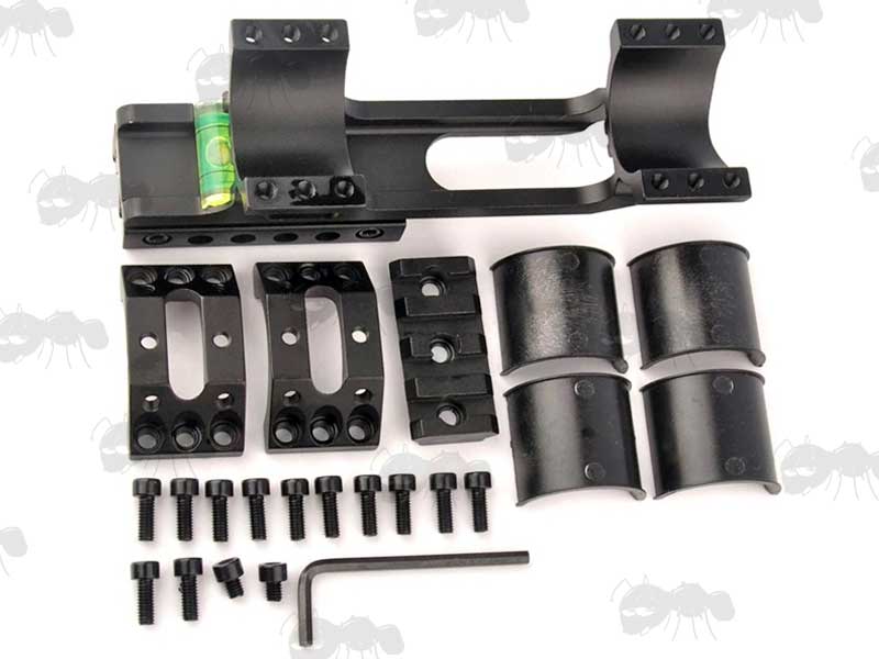 Dismantled View Of The One Piece, Extended Design 30mm Diameter Scope Mount for Weaver Picatinny and Dovetail Rails with Anti-Tilt Spirit Level and Movable Accessory Rail