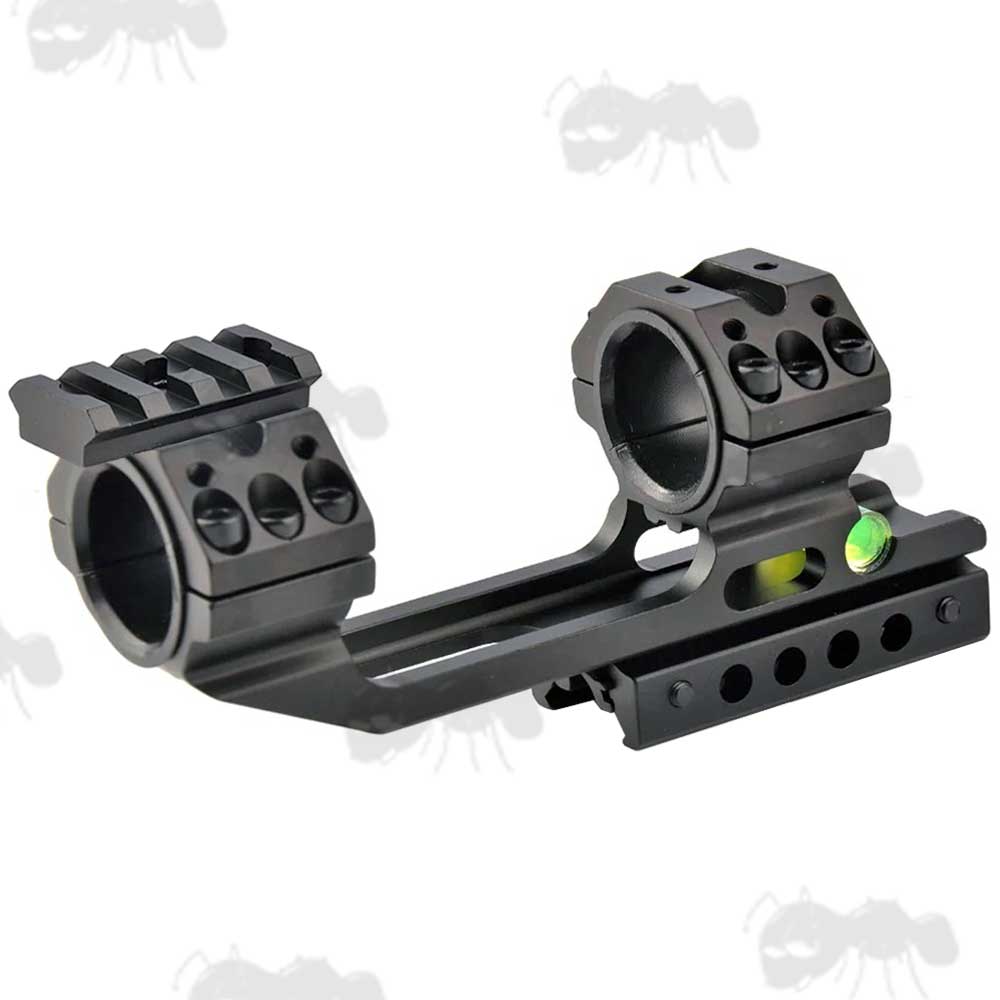 One Piece, Extended Design 30mm Diameter Scope Mount for Weaver Picatinny and Dovetail Rails with Anti-Tilt Spirit Level and Movable Accessory Rail