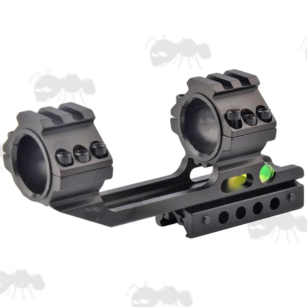 One Piece, Extended Design 30mm Diameter Scope Mount for Weaver Picatinny and Dovetail Rails with Anti-Tilt Spirit Level and Single Accessory Rail Top