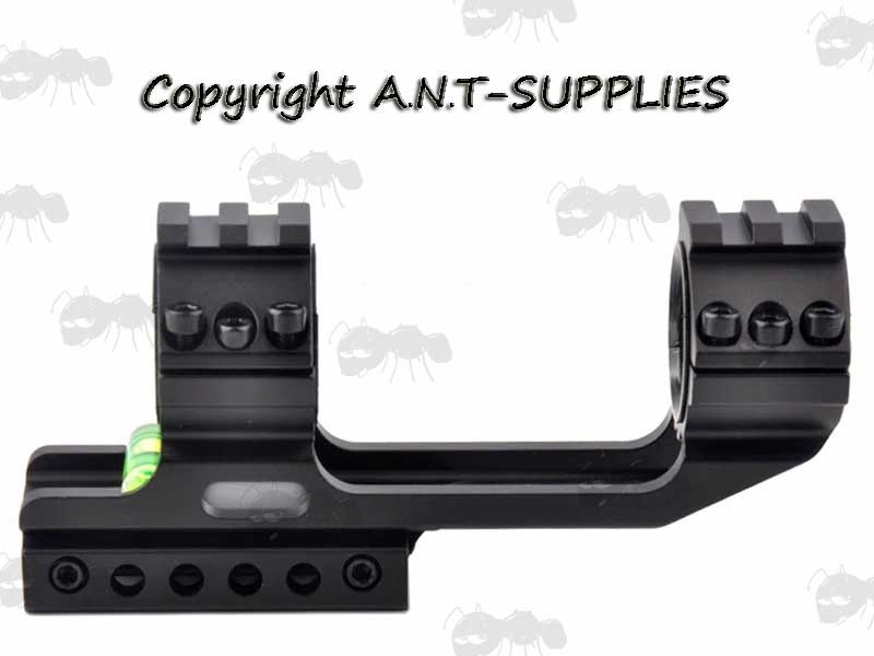 Side View Of The One Piece, Extended Design 30mm Diameter Scope Mount for Weaver Picatinny and Dovetail Rails with Anti-Tilt Spirit Level and Single Accessory Rail Top