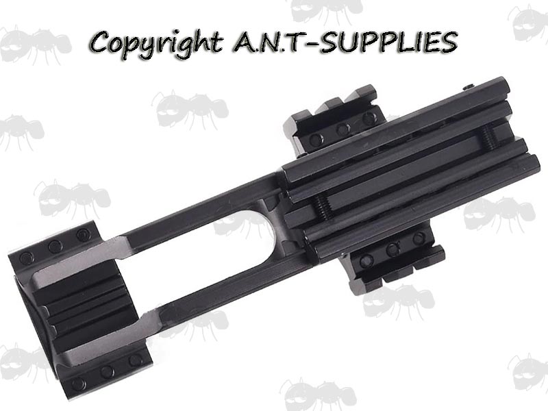 Side View Of The One Piece, Extended Design 30mm Diameter Scope Mount for Weaver Picatinny and Dovetail Rails with Anti-Tilt Spirit Level and Single and Tri Accessory Rail Top