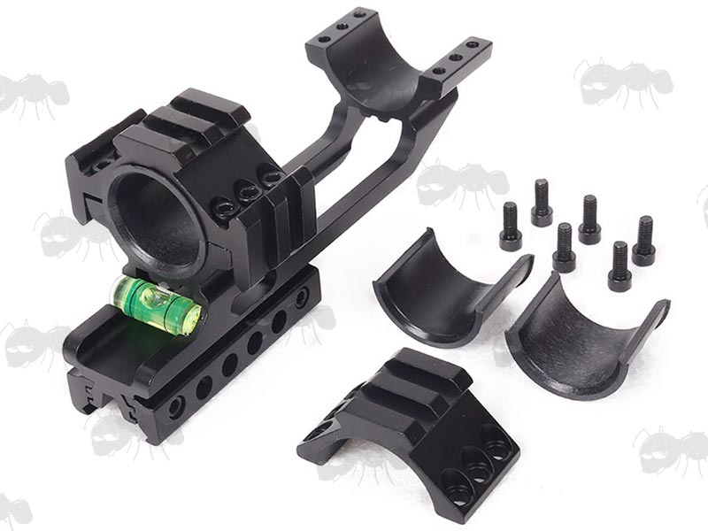 Dismantled View Of The One Piece, Extended Design 30mm Diameter Scope Mount for Weaver Picatinny and Dovetail Rails with Anti-Tilt Spirit Level and Single and Tri Accessory Rail Top