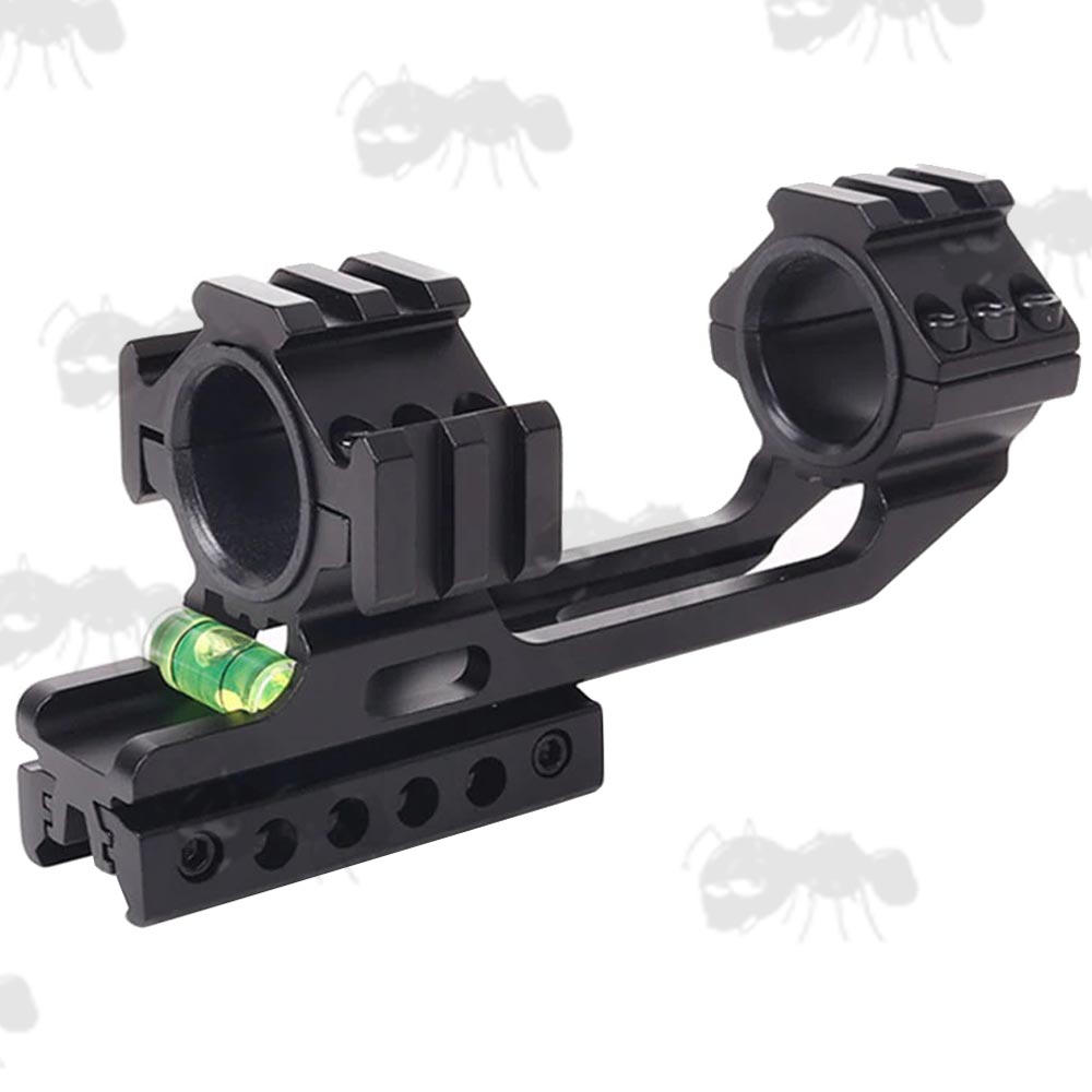 One Piece, Extended Design 30mm Diameter Scope Mount for Weaver Picatinny and Dovetail Rails with Anti-Tilt Spirit Level and Single and Tri Accessory Rail Top