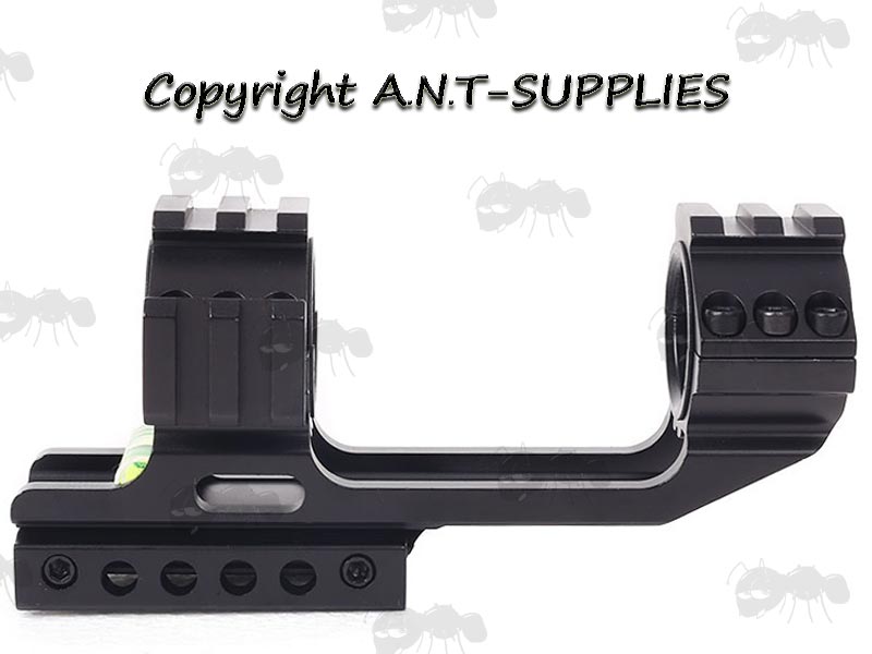 Side View Of The One Piece, Extended Design 30mm Diameter Scope Mount for Weaver Picatinny and Dovetail Rails with Anti-Tilt Spirit Level and Single and Tri Accessory Rail Top