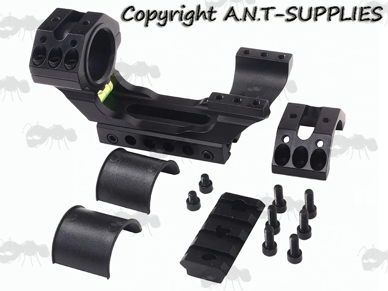 Dismantled View Of The One Piece, Extended Design 30mm Diameter Scope Mount for Weaver Picatinny and Dovetail Rails with Anti-Tilt Spirit Level and Moveable Accessory Rail