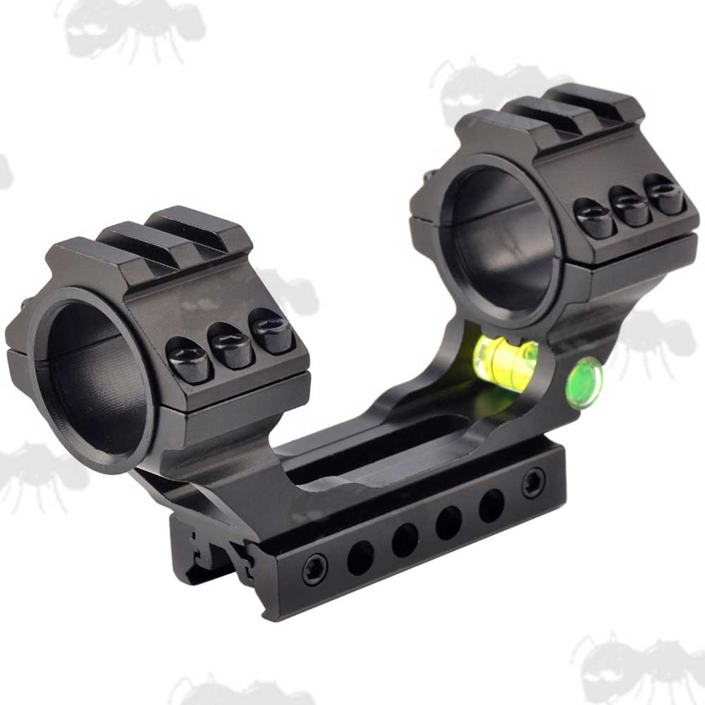 One Piece, Extended Design 30mm Diameter Scope Mount for Weaver Picatinny and Dovetail Rails with Anti-Tilt Spirit Level and Top Accessory Rails