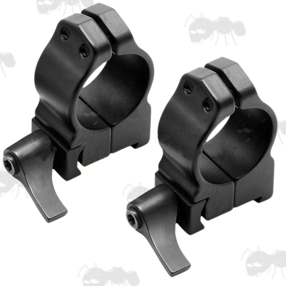 Pair of Black Low-Profile Vertical Split 25mm Scope Tube Ring Mounts for 17mm Wide Dovetail Rails with Lever Locking Clamps