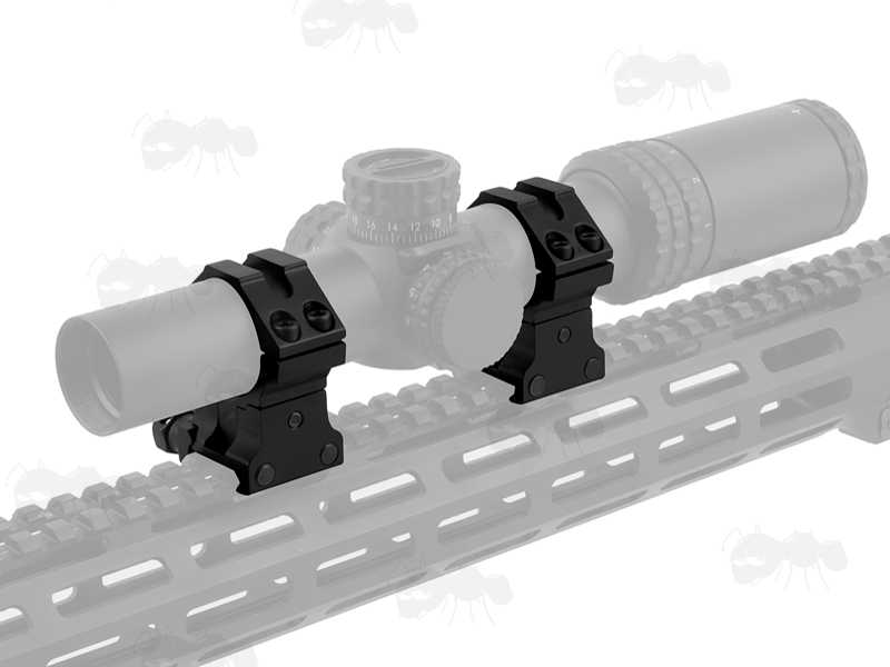 Pair of Double Clamped AnTac Adjustable Height Weaver / Picatinny Scope Mounts for 30mm Diameter Tubes, Shown Fitted on a Sight Rail with Scope Attached