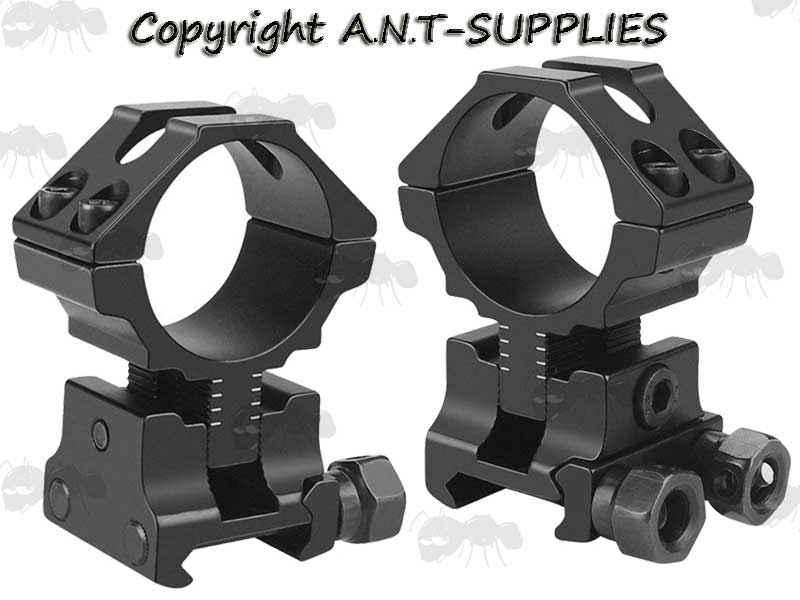 Pair of Double Clamped AnTac Adjustable Height Weaver / Picatinny Scope Mounts for 30mm Diameter Tubes