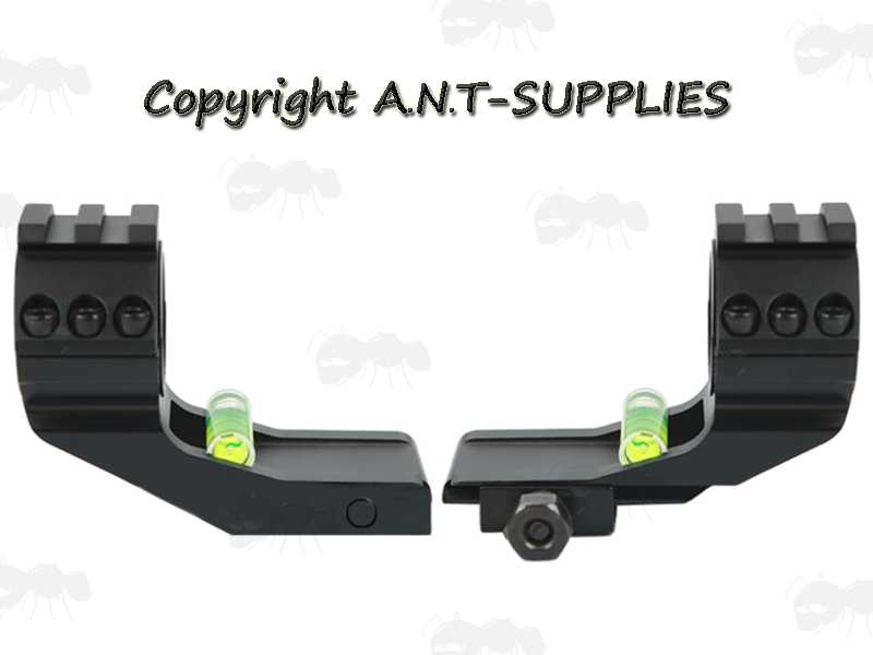 Two Piece Forward Reach 25mm and 30mm Scope Ring Mounts for Weaver / Picatinny Rails with Bubble Levels and Top Single Rail Accessory Ring Caps